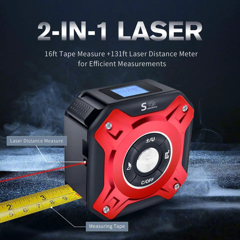 Two In One Laser Tape Measure With Level And Backlit LCD 131 Ft Laser Distance Meter 16 Ft Auto Lock Tape Ft In Fractions Mm Red on job site