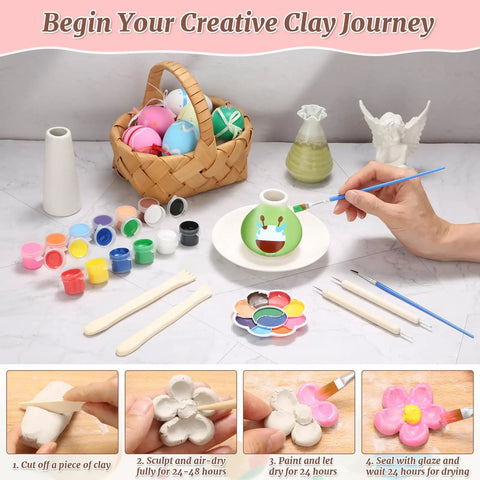 Person sculpting with 8 Lb Air Dry Clay Kit With 100Ml Gloss Glaze Varnish And 27-Piece Pottery Tools Sculpting Set, shown with paints and tools.