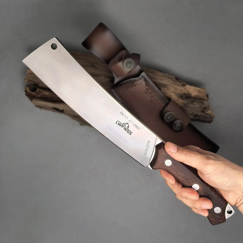 Person holding Beefy Dual Purpose Kitchen And Outdoor Cleaver For Bone Chopping And Bushcraft Wood Splitting Ultra Sharp 80 Degree Blade