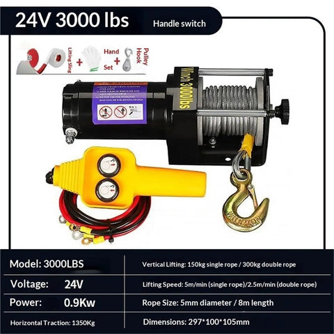 Powerful 12V Electric Winch Pulling 3500 Lbs For Off Road Adventures On Car ATV Or Boat With Tough Synthetic Rope And Ip55 Waterproof Housing For Workshop Use, featuring handle switch and rope.