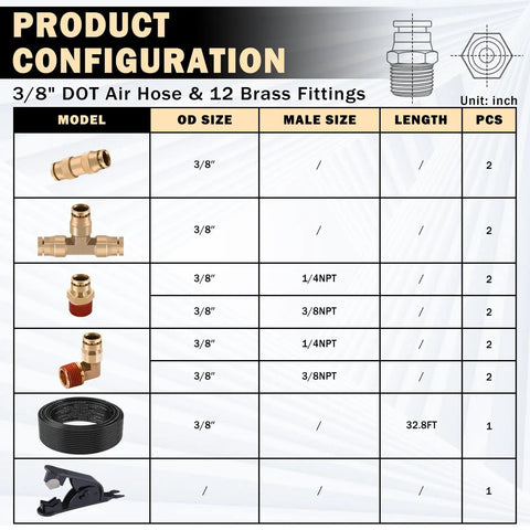 Product configuration chart for Heavy Duty Brass 3/8 Inch DOT Air Fittings Kit With 32.8 Ft Air Line Hose Quick Connect For Semi Trucks.