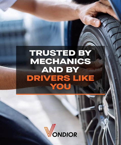 Tire pressure gauge side view on a car tire; mechanic's hand near the wheel, Vondior logo visible