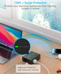 Hella Dependable 25 Ft Extension Cord With Flat Plug Surge Protector Power Strip for home office use, showing surge protection features.