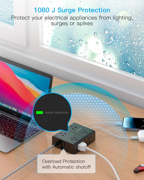 Hella Dependable 25 Ft Extension Cord With Flat Plug Surge Protector Power Strip for home office use, showing surge protection features.