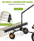 60 Inch Tow Behind Dethatcher For Lawn And ATV, Heavy Duty Lawn Rake With 24 Spring Steel Tines, Lift Handle, visible attached to vehicle
