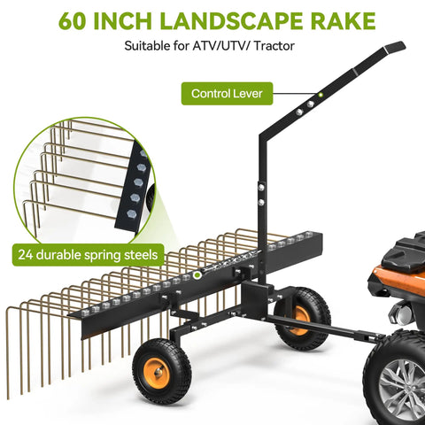 60 Inch Tow Behind Dethatcher For Lawn And ATV, Heavy Duty Lawn Rake With 24 Spring Steel Tines, Lift Handle, visible attached to vehicle