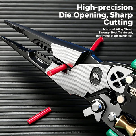 Four In One Wire Stripping And Testing Pliers With Digital LCD Display For Cutting Stripping And Crimping Plus Voltage Tester Check This Pro Grade Multi Functional Electrician Tool For Home Wiring Automotive Repair And DIY Projects Green, alloy steel jaws
