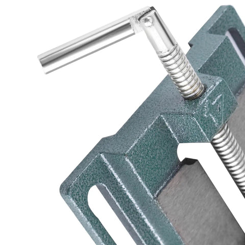 Close-up of Duokon Heavy Duty Cast Iron Drill Press Vise, 4 Inch Jaw Opening, showcasing the tightening screw and durable material.