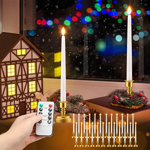 24 Pack Flameless Taper Candles With Remote Control And Timer Realistic 3D Flickering LED Flame White Tapers With Gold Bases