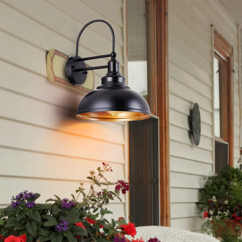 2-Pack Dusk to Dawn Outdoor Barn Lights Black Gooseneck Wall Sconce for Farmhouse Barn Garage Exterior Light Fixture E26 Bulb Compatible with Auto Sensor Night Light and Weatherproof Build on a white wall with garden view