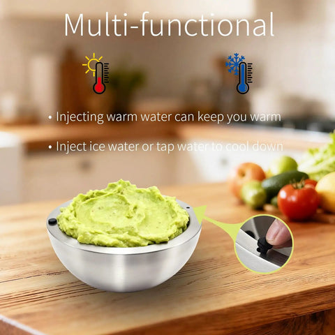 Top Tier 304 Stainless Steel Dip Chiller Bowl 35oz Heavy Duty Water Cooling System with guacamole on kitchen counter.