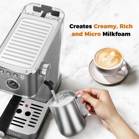 Premium Espresso Coffee Machine With Steam Wand For Cappuccino And Iced Cold Brew Barista Level Shot Pulls Total Coffee Game Changer Smooth Daily Grinds Gray with milk frother and latte art.