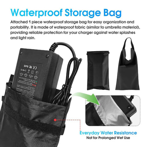 Fast Lane 54.6V 48V Battery Charger With 3A And 5A Settings For Quick Top Off storage bag made of waterproof fabric, providing protection.