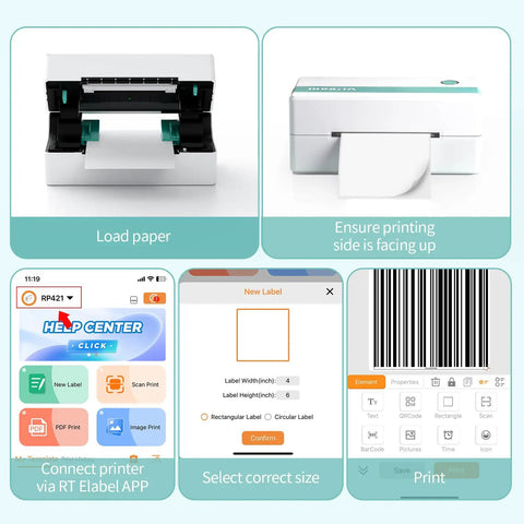 Bluetooth Thermal Shipping Label Printer For 4x6 Labels setup and operation instructions with app interface displayed.