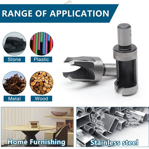 Top Tier 8 Piece Hardwood Plug Cutter Bit Set Features Standard And Four Tooth Chamfered Heads, suitable for wood, metal, plastic, and stone.