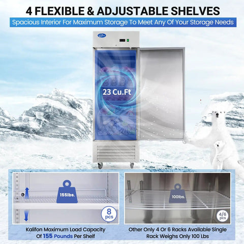 Top Shelf Commercial Upright Freezer With Twenty Three Cubic Foot Capacity And Four Heavy Duty Shelves featuring adjustable shelves.