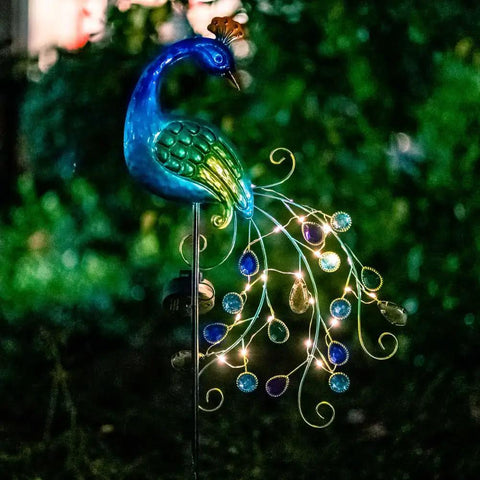 Metal Peacock Solar Garden Lights Stakes with blue design, warm LED glow, 38x14x2.5 inches, for outdoor patio lawn yard decor