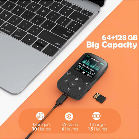 64GB MP3 Player With Clip For Sports A65 Bluetooth 5 Point 3 Music Player next to a laptop with SD card and charging cable