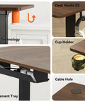 Big Game Changing L Shaped Standing Desk With Cup Holder Electric Height Adjust features desk hooks, cup holder, and cable management tray.