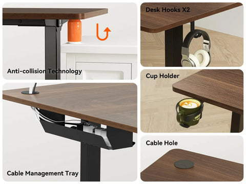 Big Game Changing L Shaped Standing Desk With Cup Holder Electric Height Adjust features desk hooks, cup holder, and cable management tray.