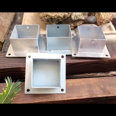 No Sweat Installation Heavy Duty Wood Post Base Brackets With Stainless Steel Railing Supports and Rust Resistant Column Protectors for Gazebo Deck Pergola and Fence Build displayed on wooden surface