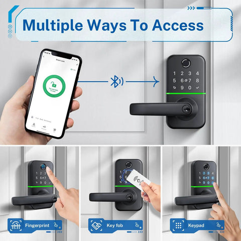 Keypad Smart Door Lock With Keyless Entry Handle Fingerprint And Passcode App Control And Remote Access Digital Keypad Deadbolt Alternative No More Lockouts Easy DIY Installation For Front Door Security shown with app and access options.