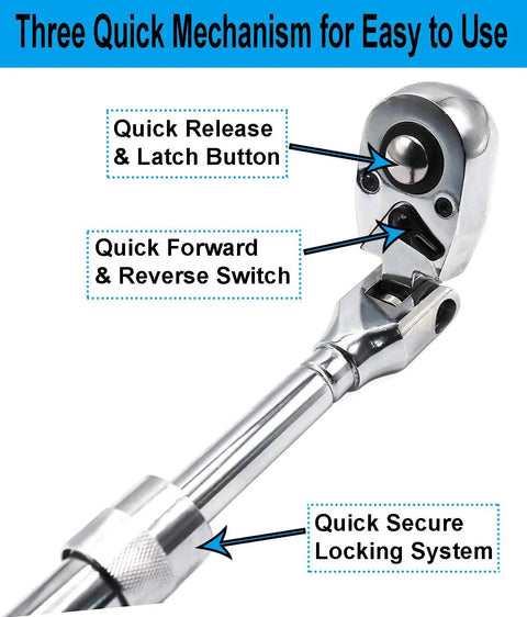 Close-up of Extendable Ratchet Set Three Piece with 72 Tooth Flex Head showing quick mechanism features for easy use.
