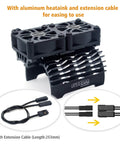 Beefed-Up Dual 30MM RC Car Cooling Fans with Aluminum Heatsink for 40 to 42mm Brushless Motors, shown with extension cable