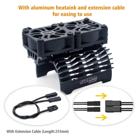 Beefed-Up Dual 30MM RC Car Cooling Fans with Aluminum Heatsink for 40 to 42mm Brushless Motors, shown with extension cable