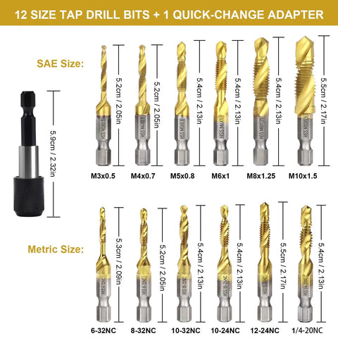 All In One Drill Tap Set With Quick Change Adapter 13 Piece Kit for drilling tapping and countersinking three in one bit system