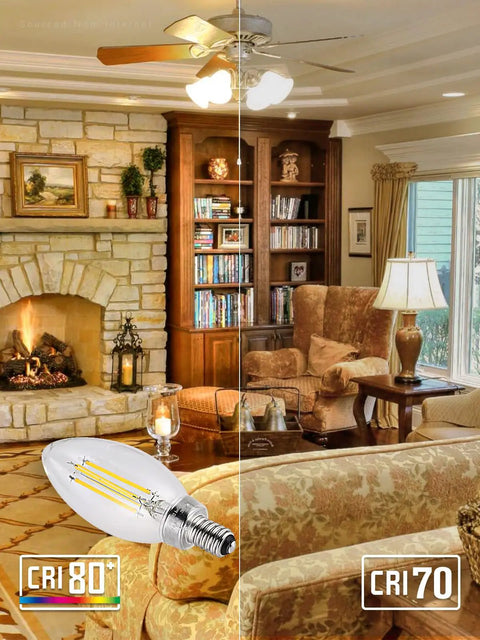 Living room comparison with Dimmable E12 LED Candelabra Bulb 60W Equivalent Vintage Chandelier Light Bulbs C11 Filament In Clear Glass 2700K Soft White
