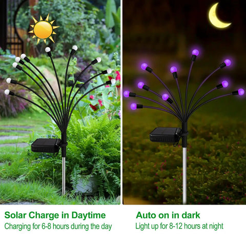 Purple Firefly Solar Lights Outdoor 2 Pack With 16 LEDs Waterproof Starburst Swaying Garden Path Lights in day and night modes