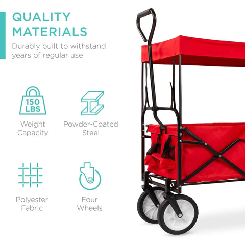 Foldable Outdoor Utility Wagon With Canopy For Beach, Picnic, Camping, Tailgates Removable Shade, 150 Lb Capacity, shown side view