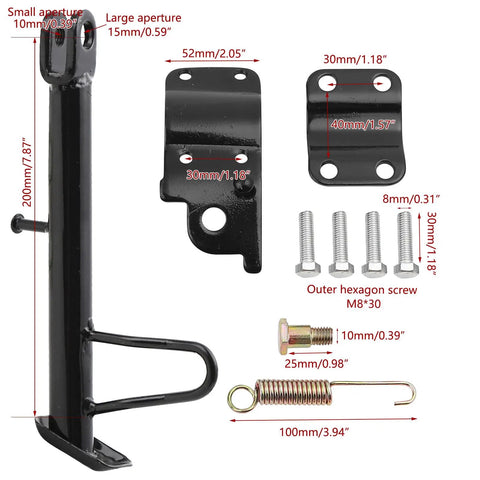 Heavy Duty Iron Kickstand With Mounting Bracket For Dirt Bikes Scooters Mopeds Mini Bikes, parts and dimensions shown