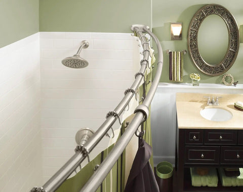 Brushed Nickel Adjustable 57 To 60 Inch Stainless Steel Double Curved Shower Curtain Rod With Wall Fixed Brackets in bathroom view