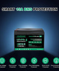 Front view of 12V 12Ah LiFePO4 Battery With Built In 15A BMS for multiple uses, featuring smart protection icons.
