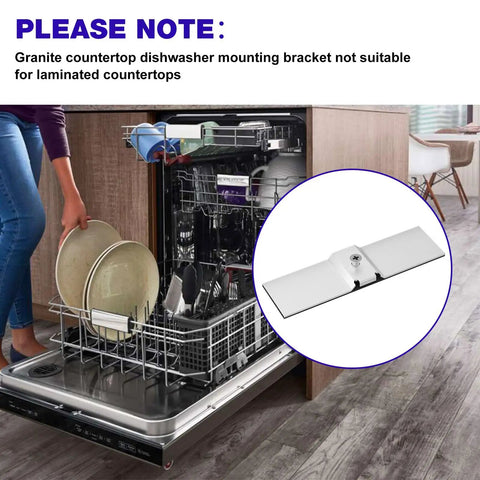 Open dishwasher with plates and close-up of Dishwasher Mounting Bracket Kit For Granite And Solid Surface Counters, Replacement Granite Grabbers For Quartz, Corian, Marble, Not Laminate, Easy Install, Heavy Duty 2 Pack.
