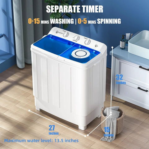 Auertech portable twin-tub washing machine, white with blue lid, compact dorm/apartment laundry appliance