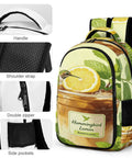 Lemon Americano Printed Unisex Backpack with lemon design, polyester fabric, featuring handle, shoulder strap, side pockets, double zipper.