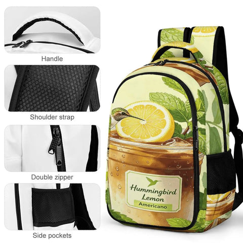 Lemon Americano Printed Unisex Backpack with lemon design, polyester fabric, featuring handle, shoulder strap, side pockets, double zipper.