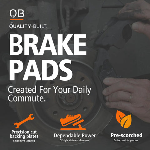 Mechanic installing Budget Friendly Front Ceramic Brake Pads QB 1000-1910C on vehicle wheel with text overlay information.