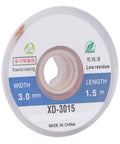 Pro Grade Solder Wick Desoldering Braid 5 Pack No Clean Copper For PCB Repair And BGA Rework 3mm Width 1.5m Length High Efficiency Solder Removal For Easy PCB Solder Cleanup package label showing width and length details.