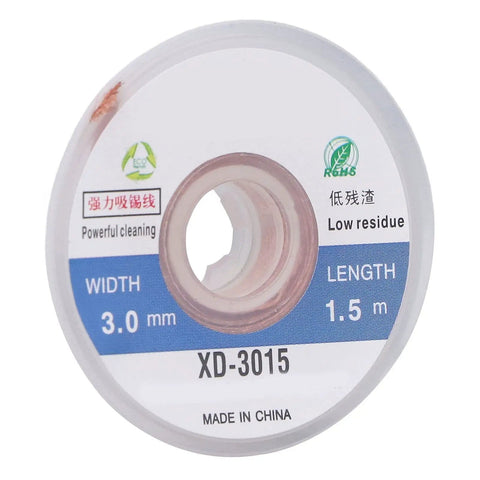 Pro Grade Solder Wick Desoldering Braid 5 Pack No Clean Copper For PCB Repair And BGA Rework 3mm Width 1.5m Length High Efficiency Solder Removal For Easy PCB Solder Cleanup package label showing width and length details.