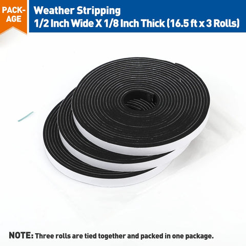 Front view of weather stripping foam tape, 1/2 in wide x 1/8 in thick, black adhesive, 3 rolls totaling 50 ft