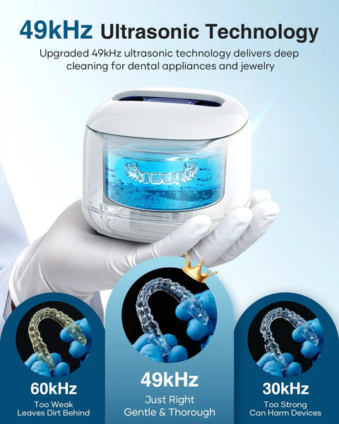 49kHz Ultrasonic Cleaner For Night Guards And Dental Gear, Deep Clean Mouth Guards Aligners Braces Dentures Toothbrushes Jewelry And More In A 220ML White Pod
