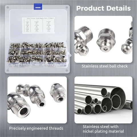 Solid 115 Piece Grease Fitting Kit With M6 M8 M10 Straight And 45 90 Degree Zerk Nipples Plated Nickel Check Valve Assortment For Cars And Trucks, stainless steel parts tray