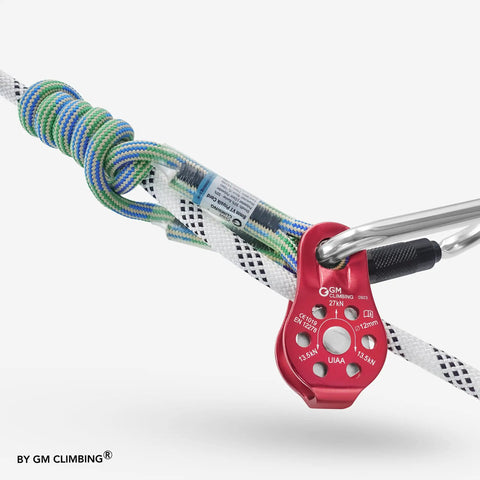 Fixed Micro Pulley for Climbing With 27kN Rating CE UIAA Certified Works With 12mm Rope Slack Tending Gear in use