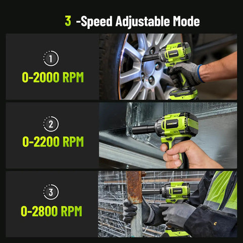 Cordless One Half Inch Impact Wrench With 800 N m Max Torque Brushless Motor 2800 RPM Heavy Duty Power Tool Kit showing 3-speed modes