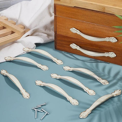 Vintage Alloy Cabinet Pulls 12 Sets White Drawer Handles 3.7 Inch 96mm Hole Centers displayed with screws on blue surface