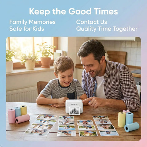 Kids Instant Camera Print Paper Refill 57x25mm Thermal Paper Rolls For Mini Printers Safe Durable Photo Paper For Happy Snaps And Fun Scrapbook Projects. Father and child using mini printer with thermal rolls